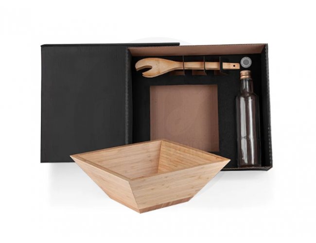 Kit Para Salada Com Garrafa - Bambu / Vidro - 3 Ps